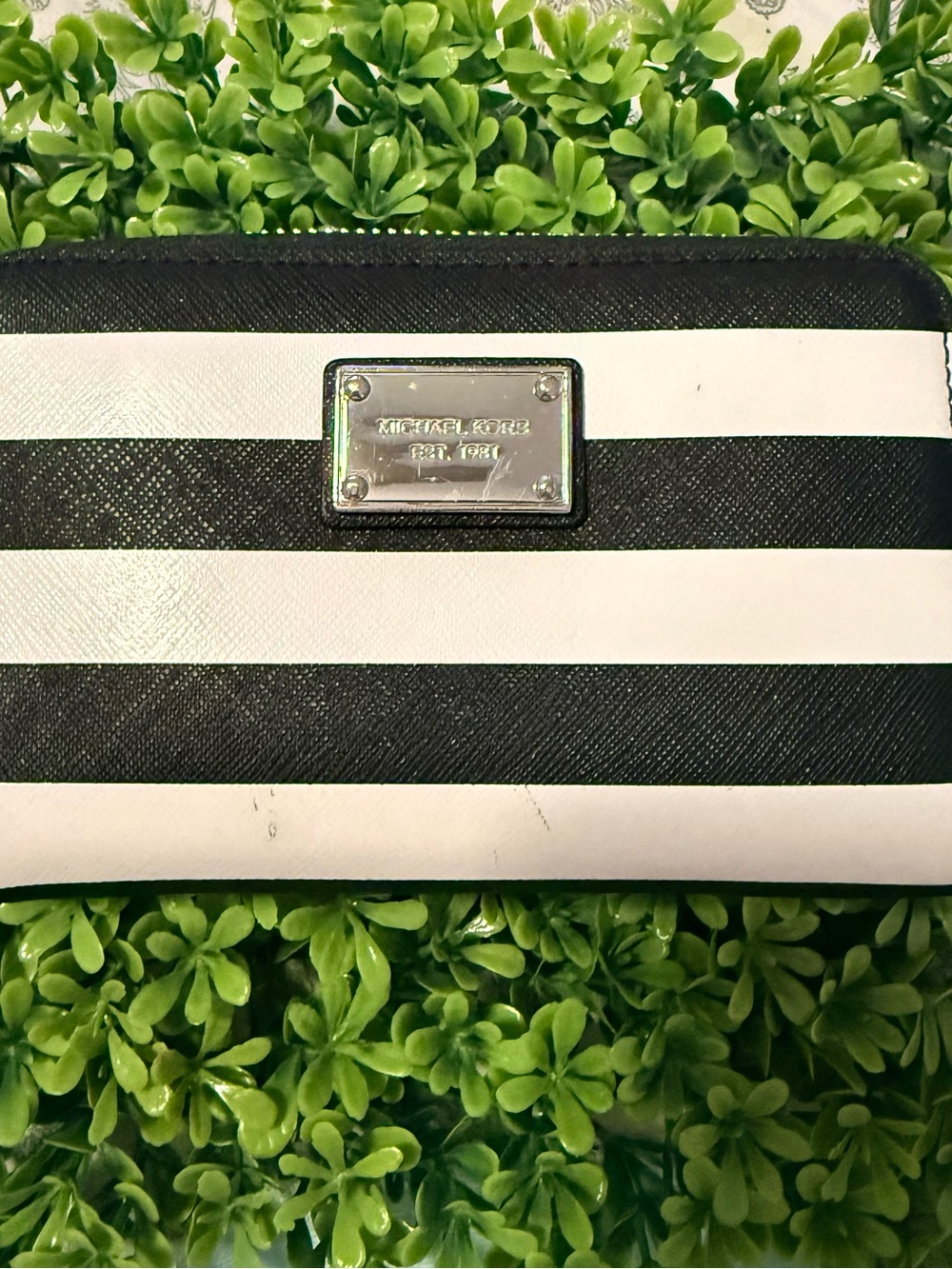 Michael Kors Black and White Striped Zip Wallet